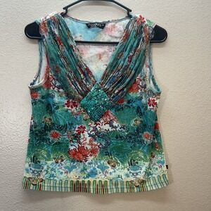 VTG Chaudry KC Floral Beaded Sequins Top Sz M Y2k Fairy Boho Artsy Babydoll Crop